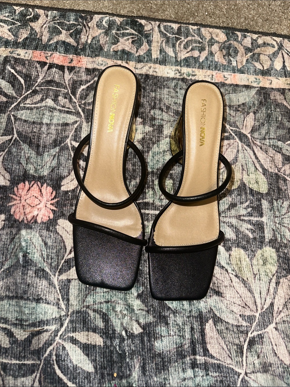 Fashion Nova Black Double-Strap Square-Toe Heels